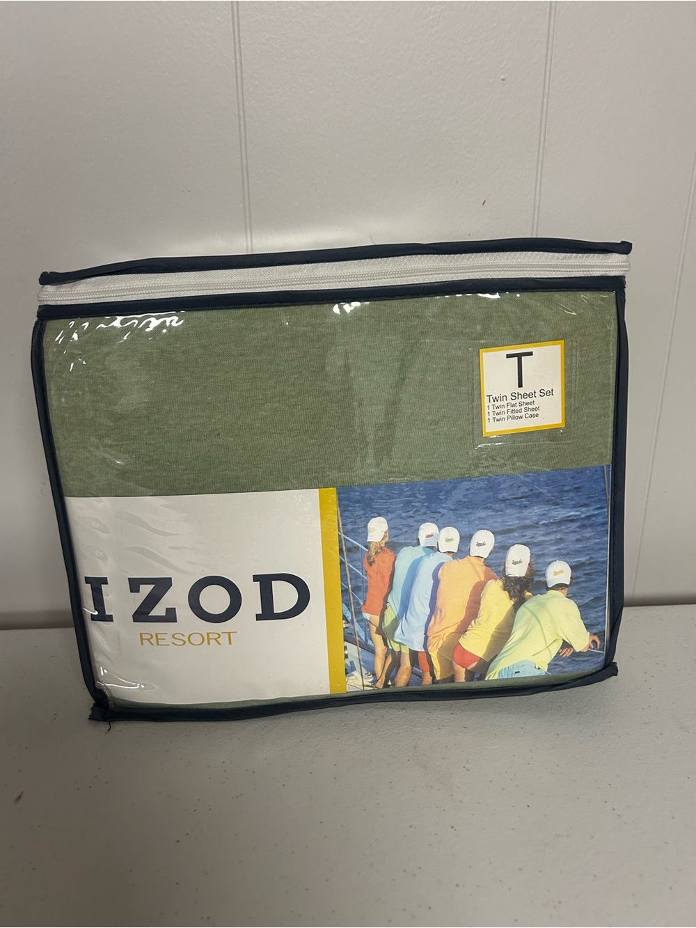 Izod Twin Sheet Set in Olive Green with Navy Trim